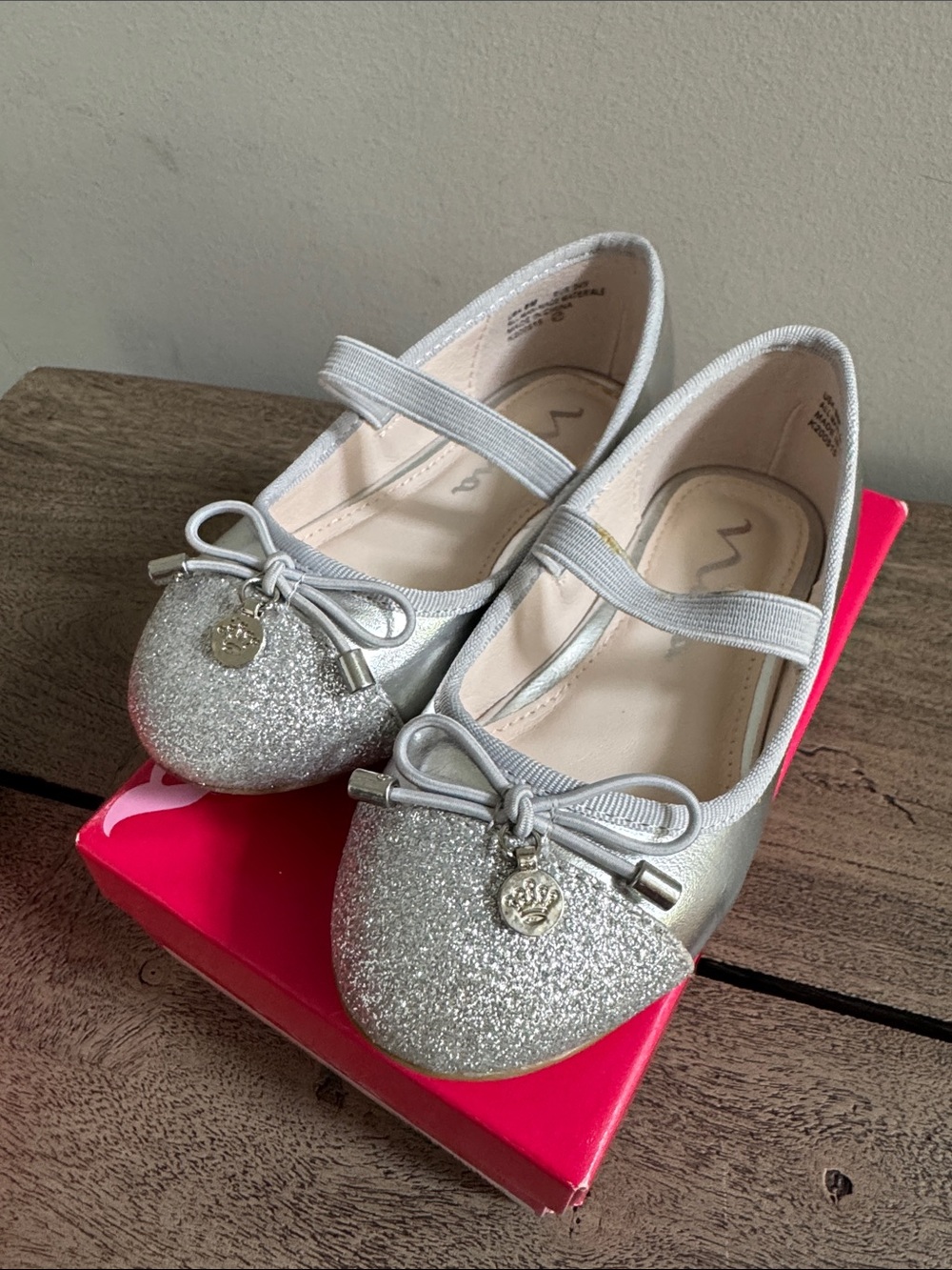 Nina Silver Glitter Mary Jane Flats with Bow Charm
